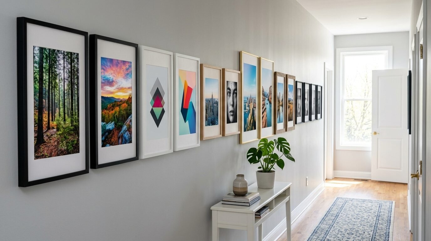 A long grey hallway wall displaying a row of various framed landscape, geometric, and portrait prints.