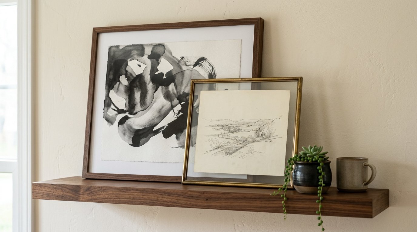 Two framed art pieces, a small succulent, and a coffee mug arranged on a floating dark wood shelf.