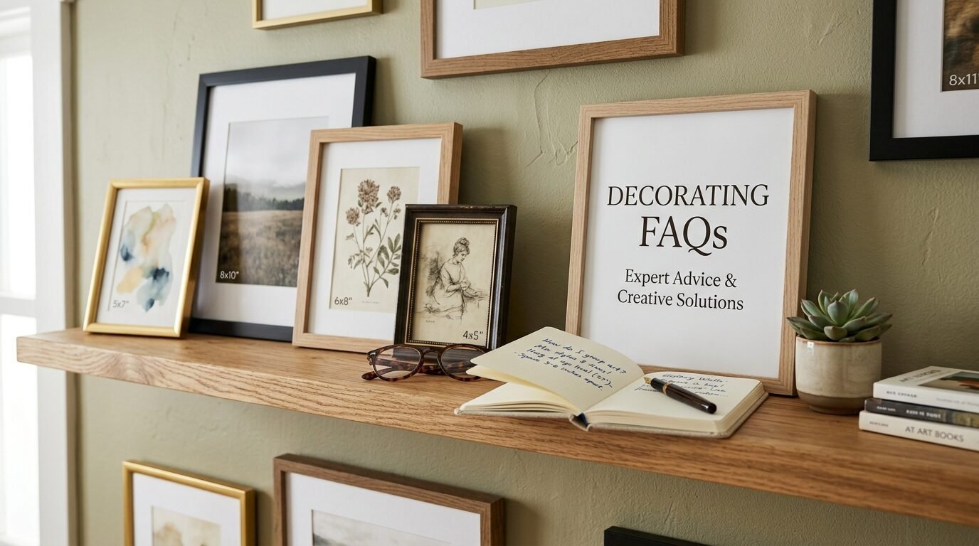 Wooden shelf displaying assorted framed pictures, a small succulent, and an open notebook with handwritten notes.