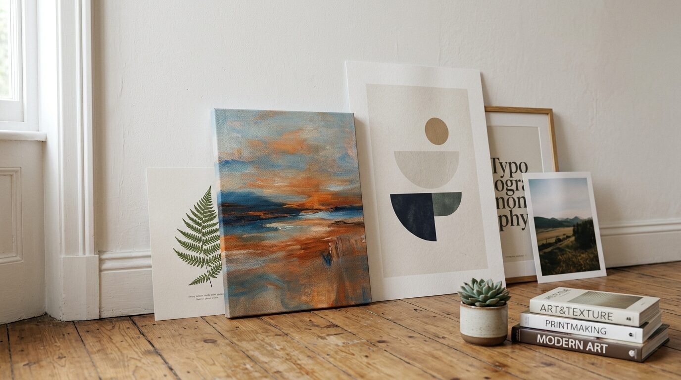Decorative art prints, a succulent plant, and stacked books arranged on a wooden floor against a white wall.
