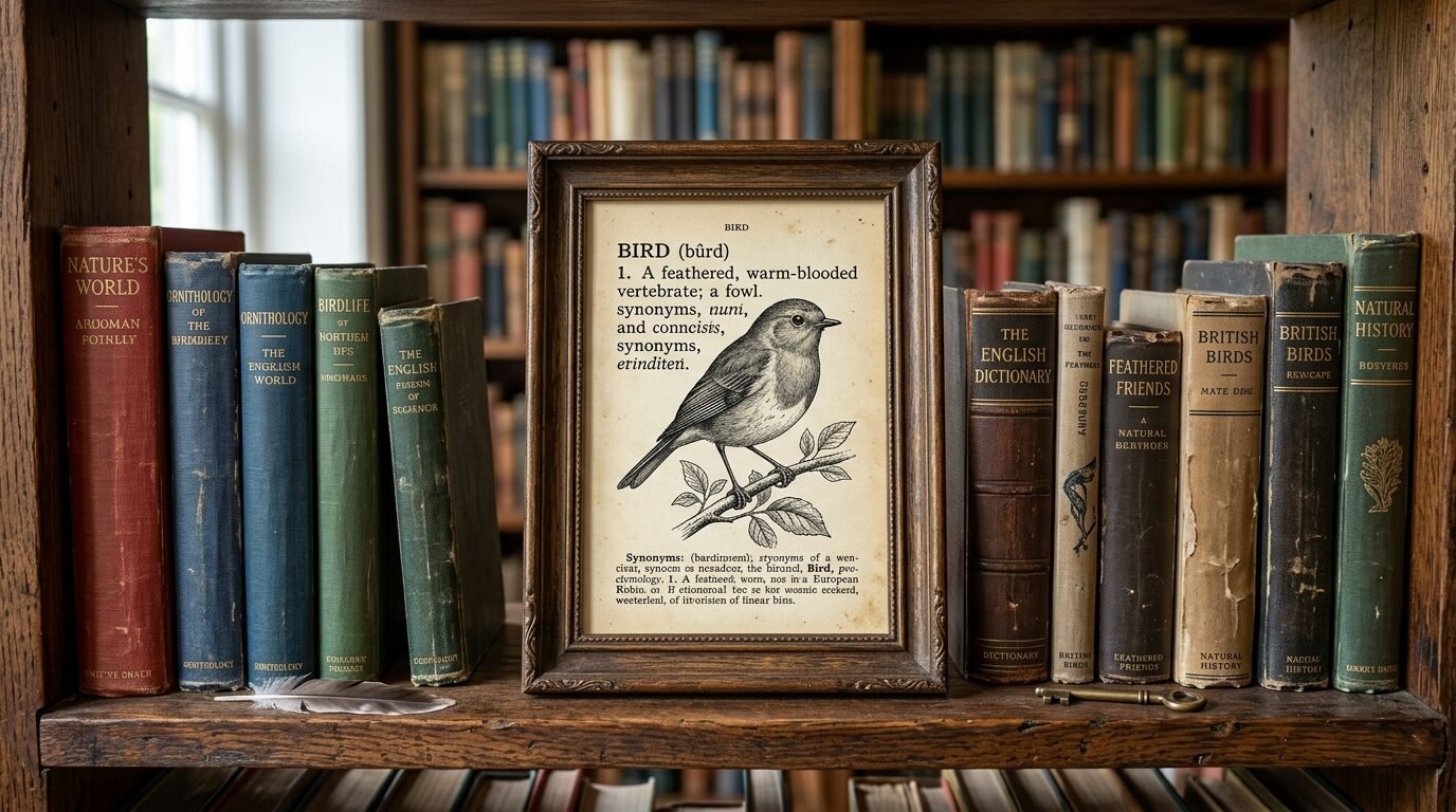 Antique framed print of a bird with dictionary definition text sitting on a wooden library shelf.