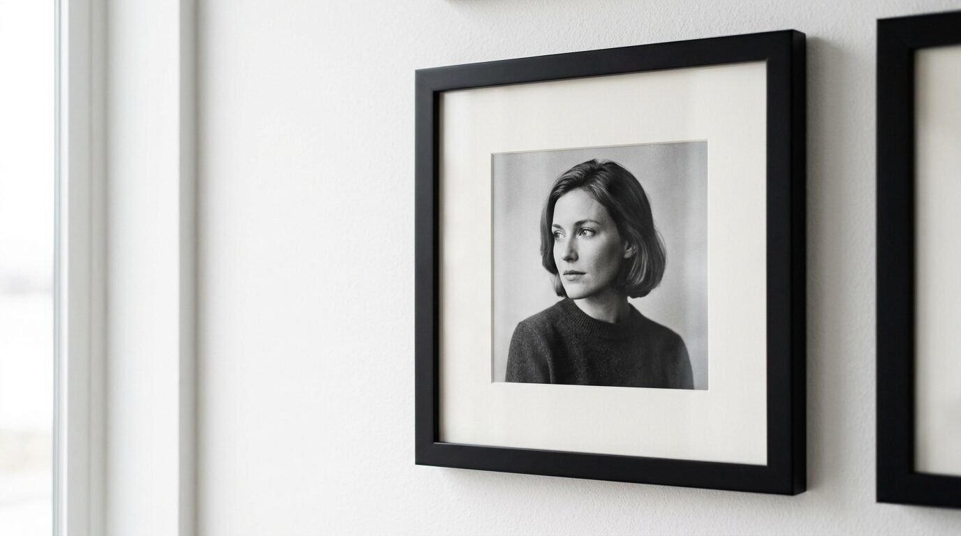 A black frame containing a vintage-style portrait of a woman looking away, mounted on a white gallery wall.