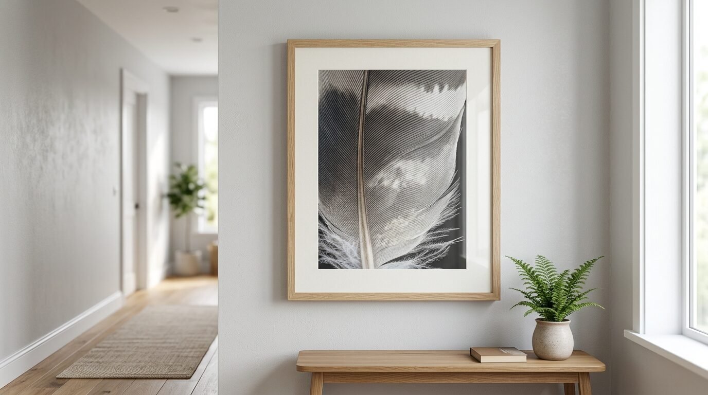 A framed art print of a detailed feather hanging on a light grey wall above a wooden console table.
