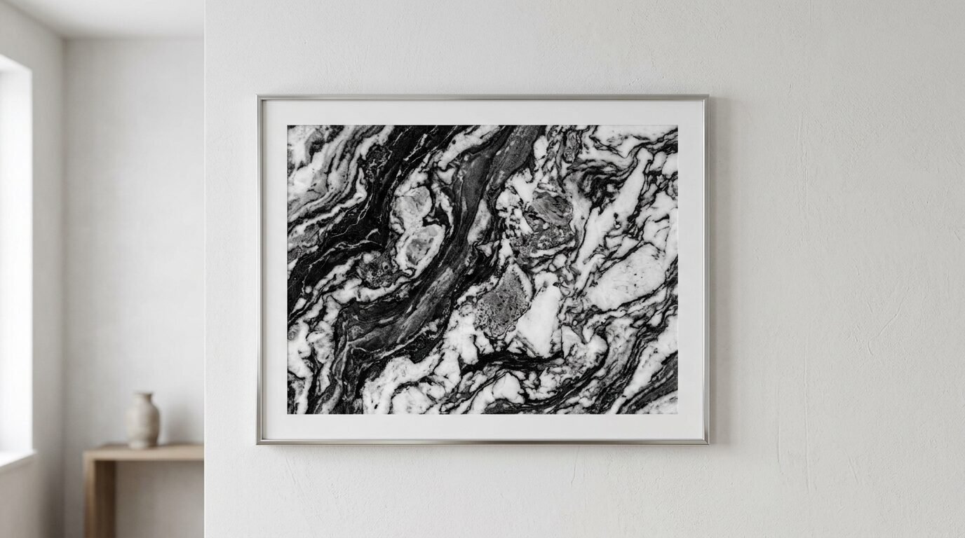 Silver framed wall art showing a high-contrast marbled stone texture on a white wall.