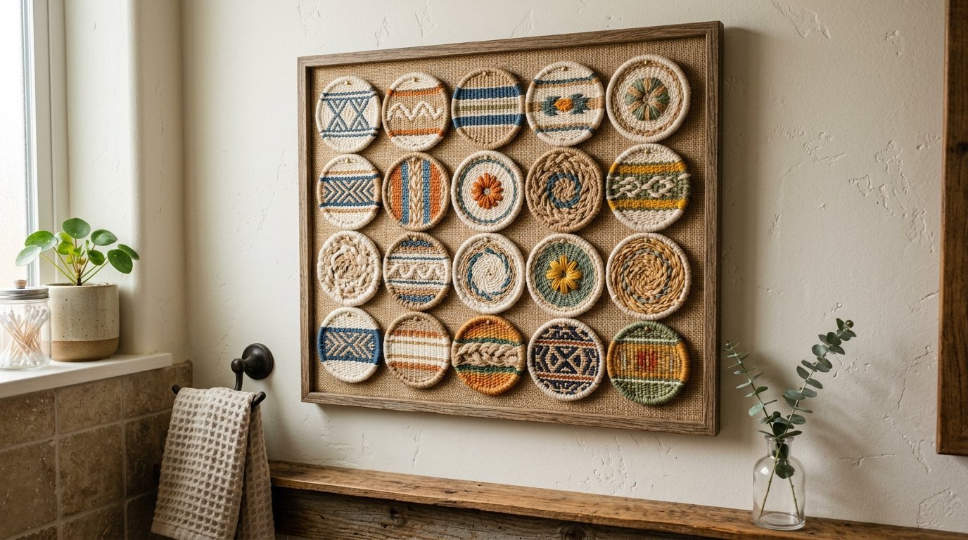 A wooden frame containing twenty unique, round, textured textile coasters mounted on a burlap background.