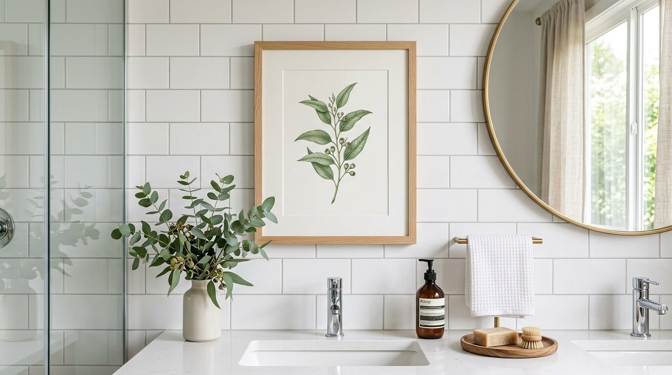 A framed botanical leaf print hangs above a white marble vanity with a plant vase and round mirror.