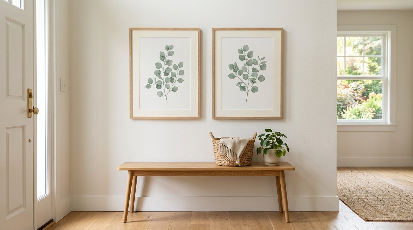 Two framed watercolor eucalyptus prints hanging above a simple wooden bench with a basket and plant.