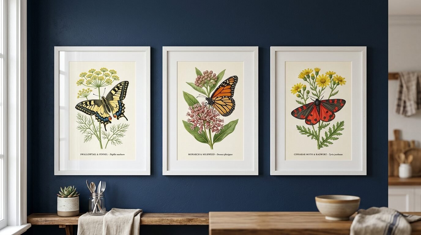 Set of three white framed butterfly illustrations hanging on a navy blue kitchen wall above a wooden counter.