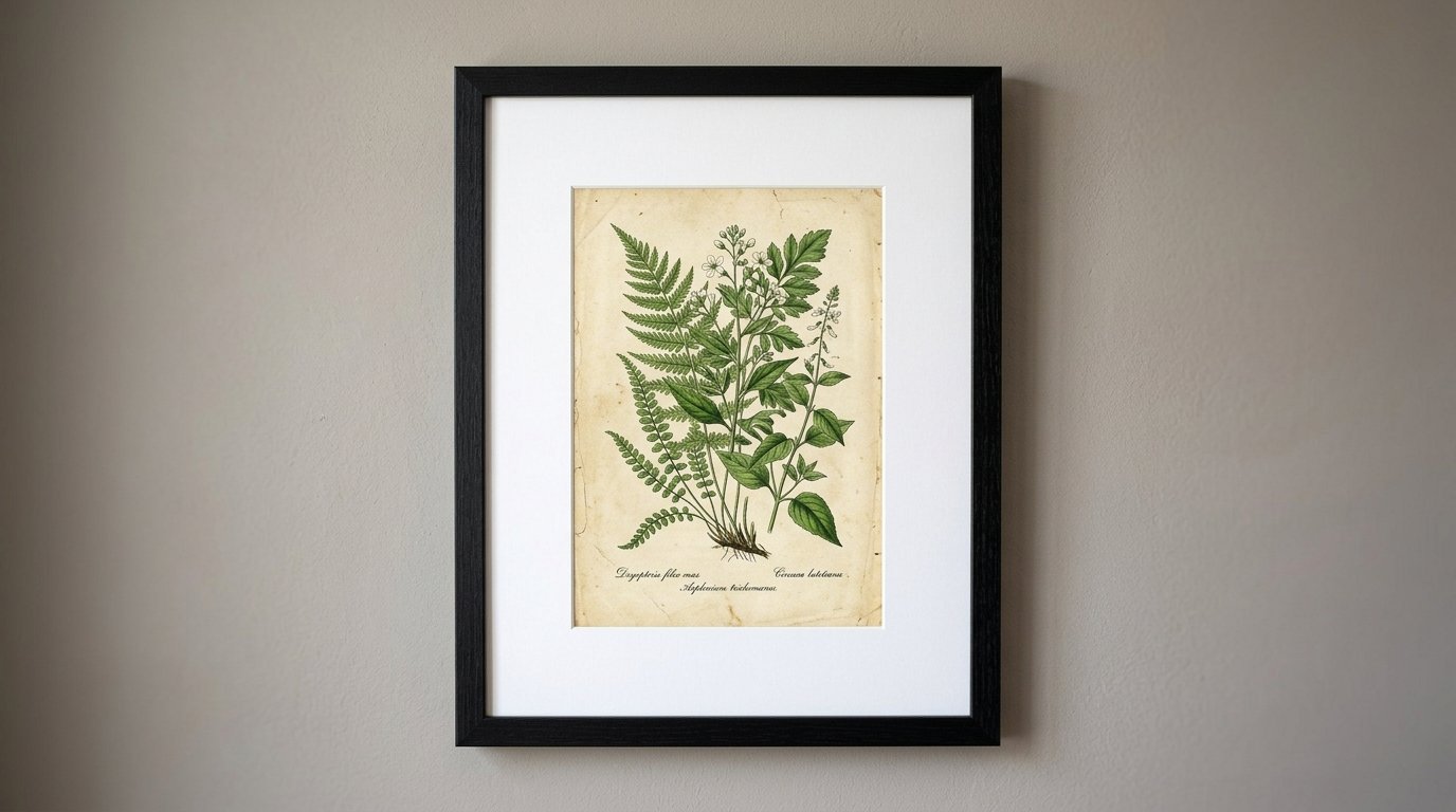 A framed antique-style illustration of green ferns and white flowers on a textured beige wall.