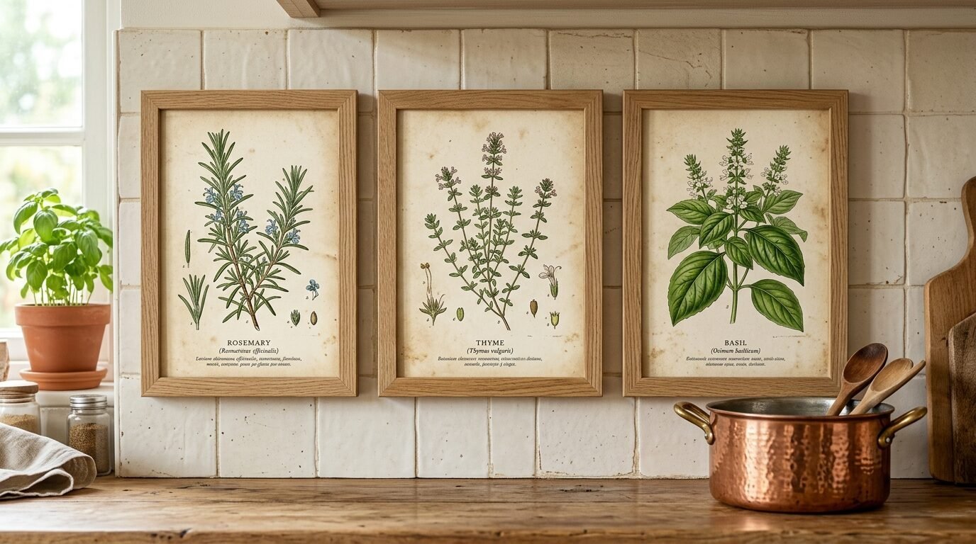 A trio of framed botanical drawings of rosemary, thyme, and basil hanging on a tiled kitchen wall.