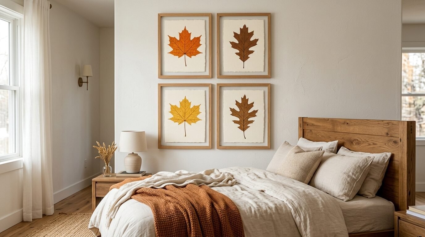 A bedroom wall featuring a gallery set of four framed prints displaying different colorful fall leaves.
