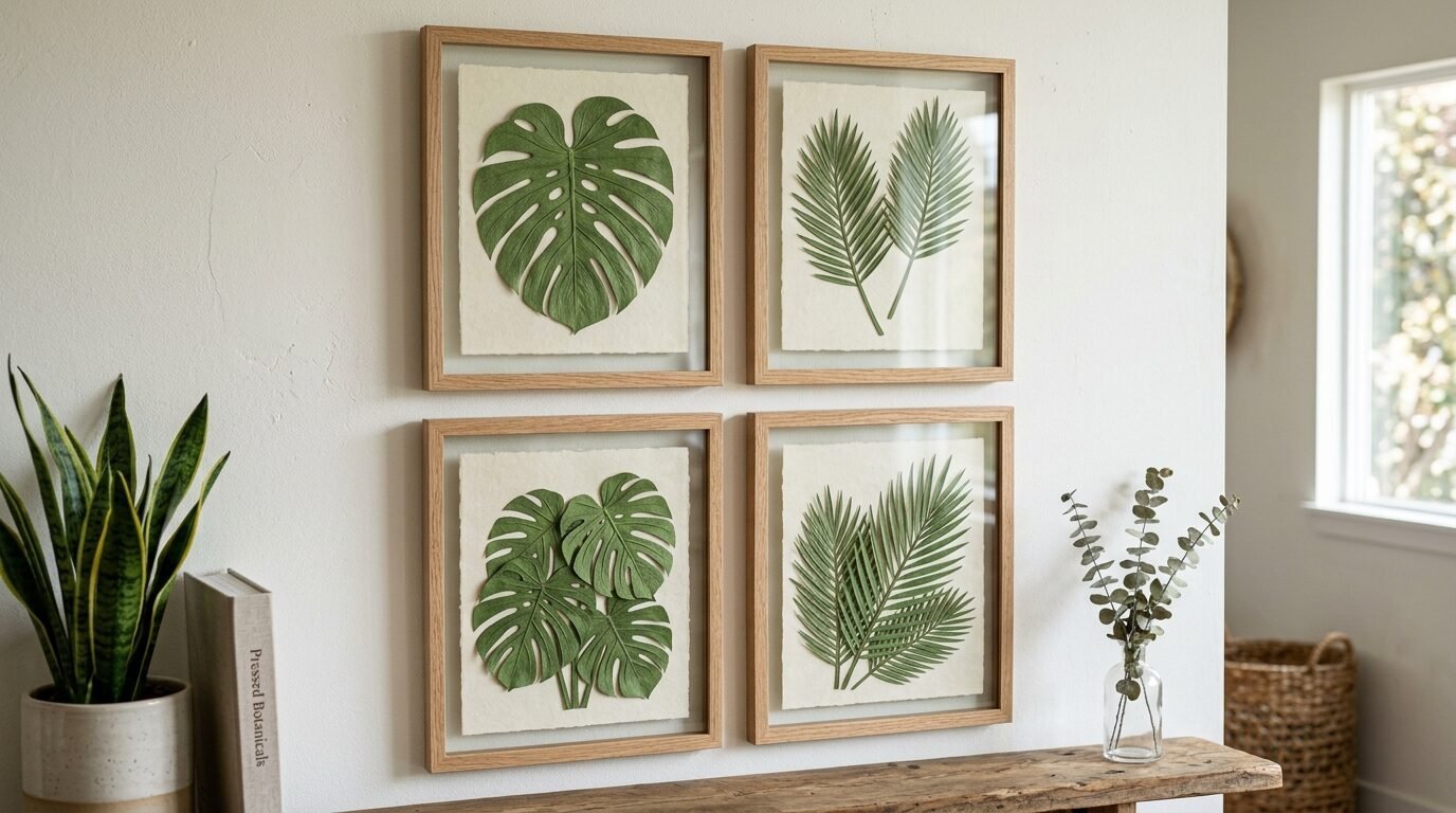 A gallery wall arrangement of four wooden frames containing detailed green monstera and palm leaf cutouts.