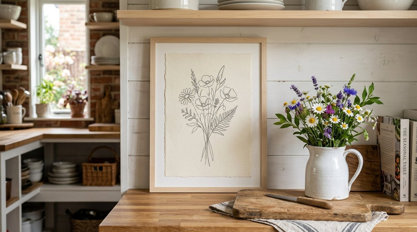 A framed botanical line drawing sits on a wooden kitchen counter next to a white ceramic pitcher of wildflowers.