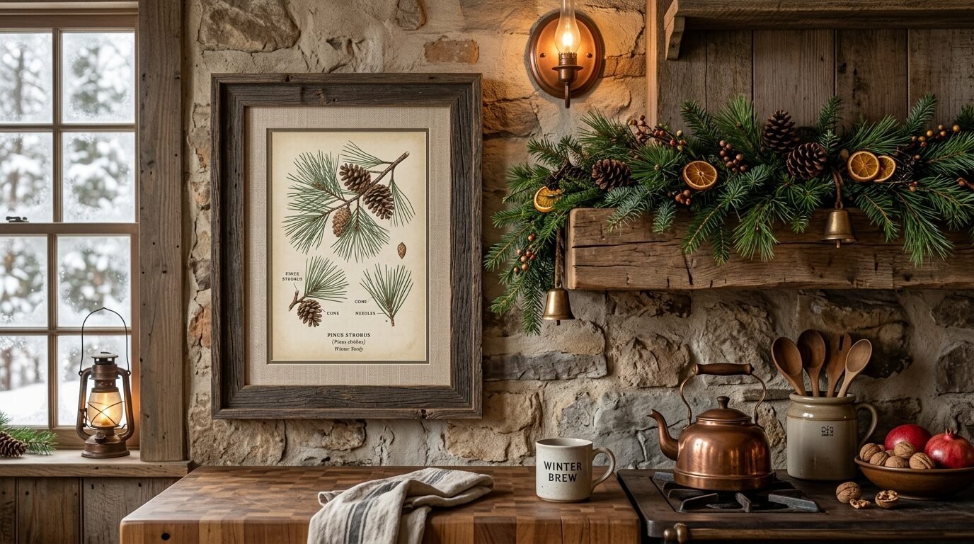 Vintage pine botanical art in a dark wood frame displayed above a kitchen counter with winter decor.