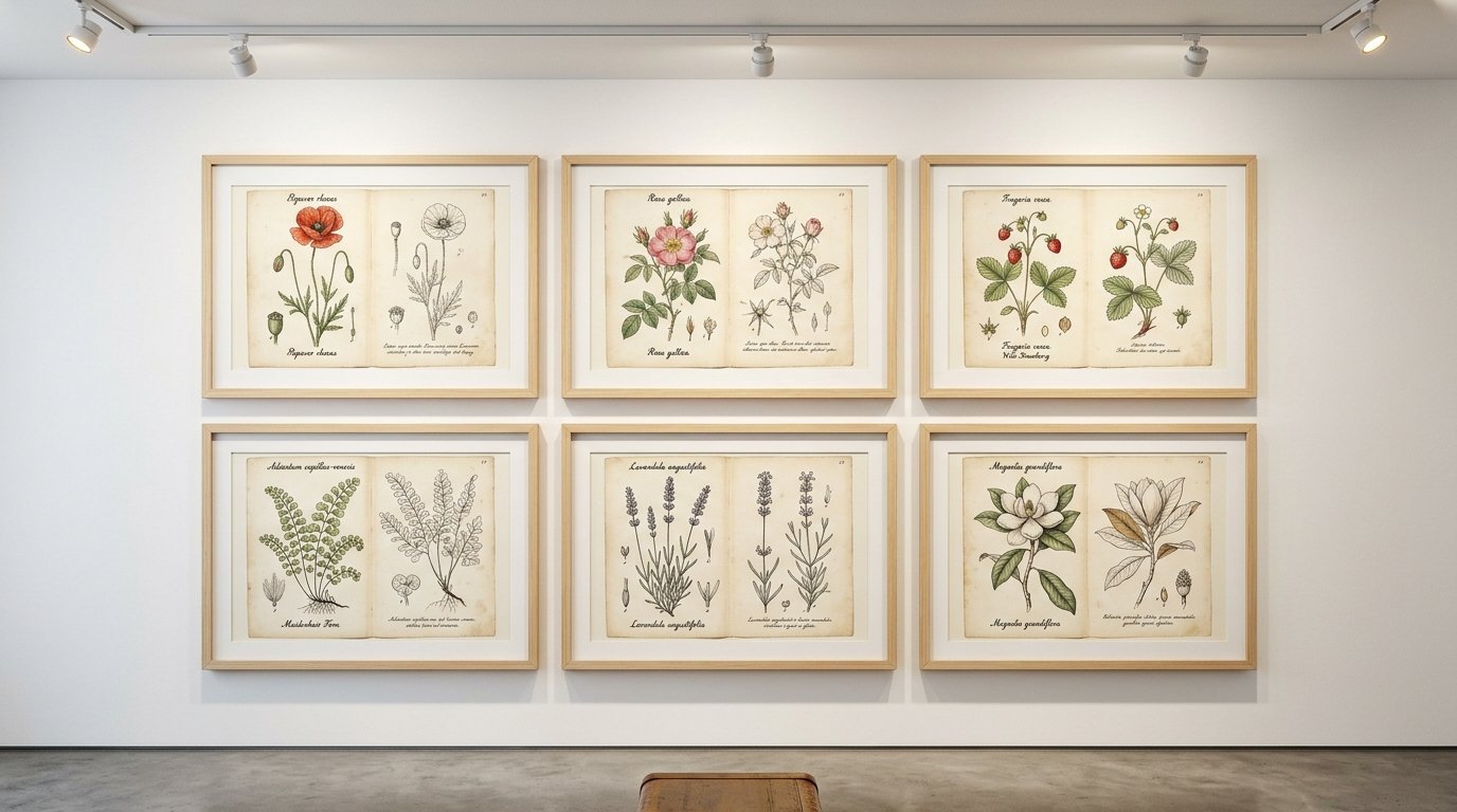 A gallery wall featuring six wooden framed antique plant diagrams including poppies, strawberries, and lavender.
