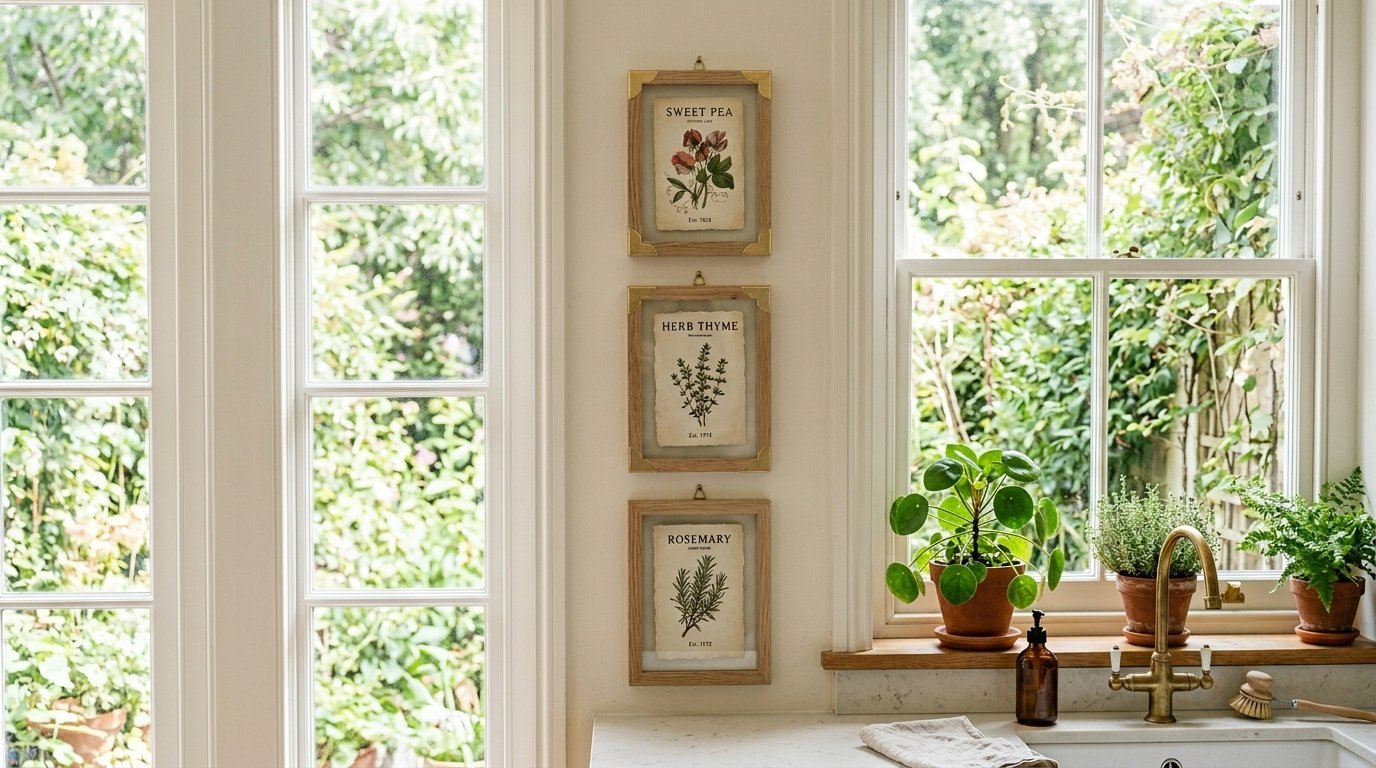 Wall art showing sweet pea, thyme, and rosemary illustrations above a white sink with potted plants.