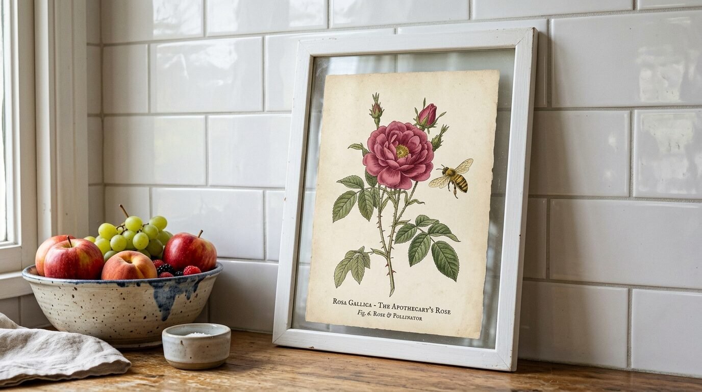 A framed botanical drawing of an apothecary rose with a honeybee sitting on a kitchen counter near a fruit bowl.