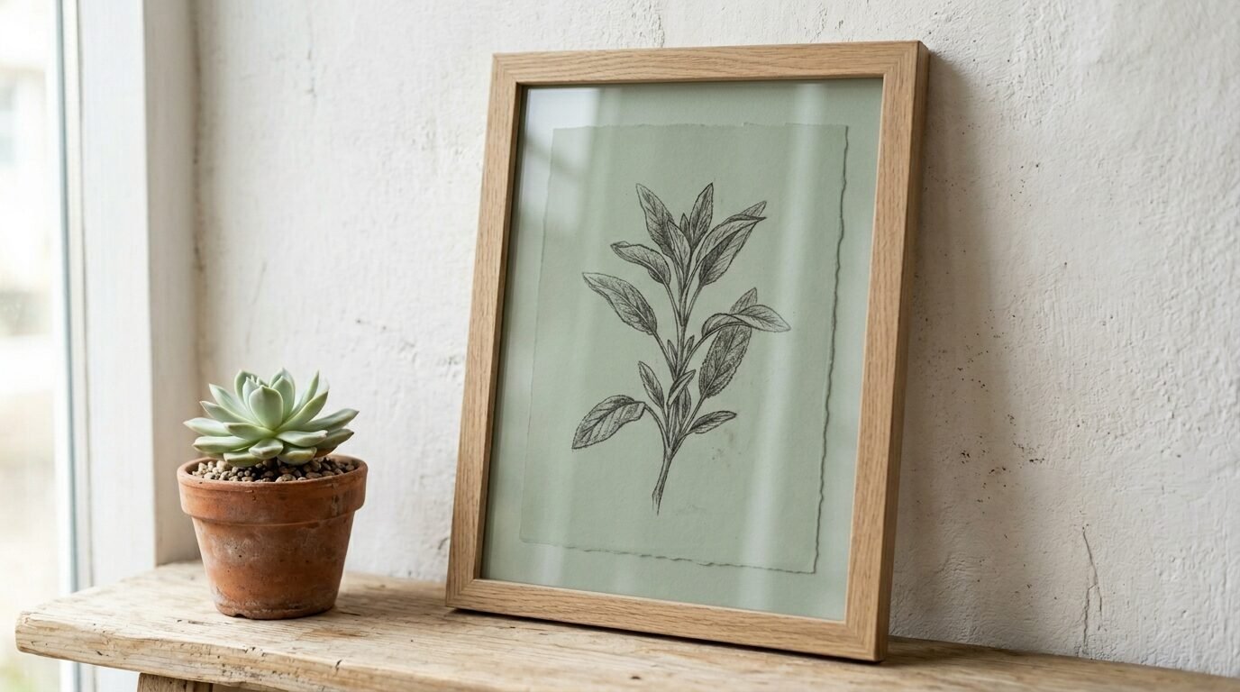 A framed ink illustration of a sage plant on green paper sits next to a small potted succulent.