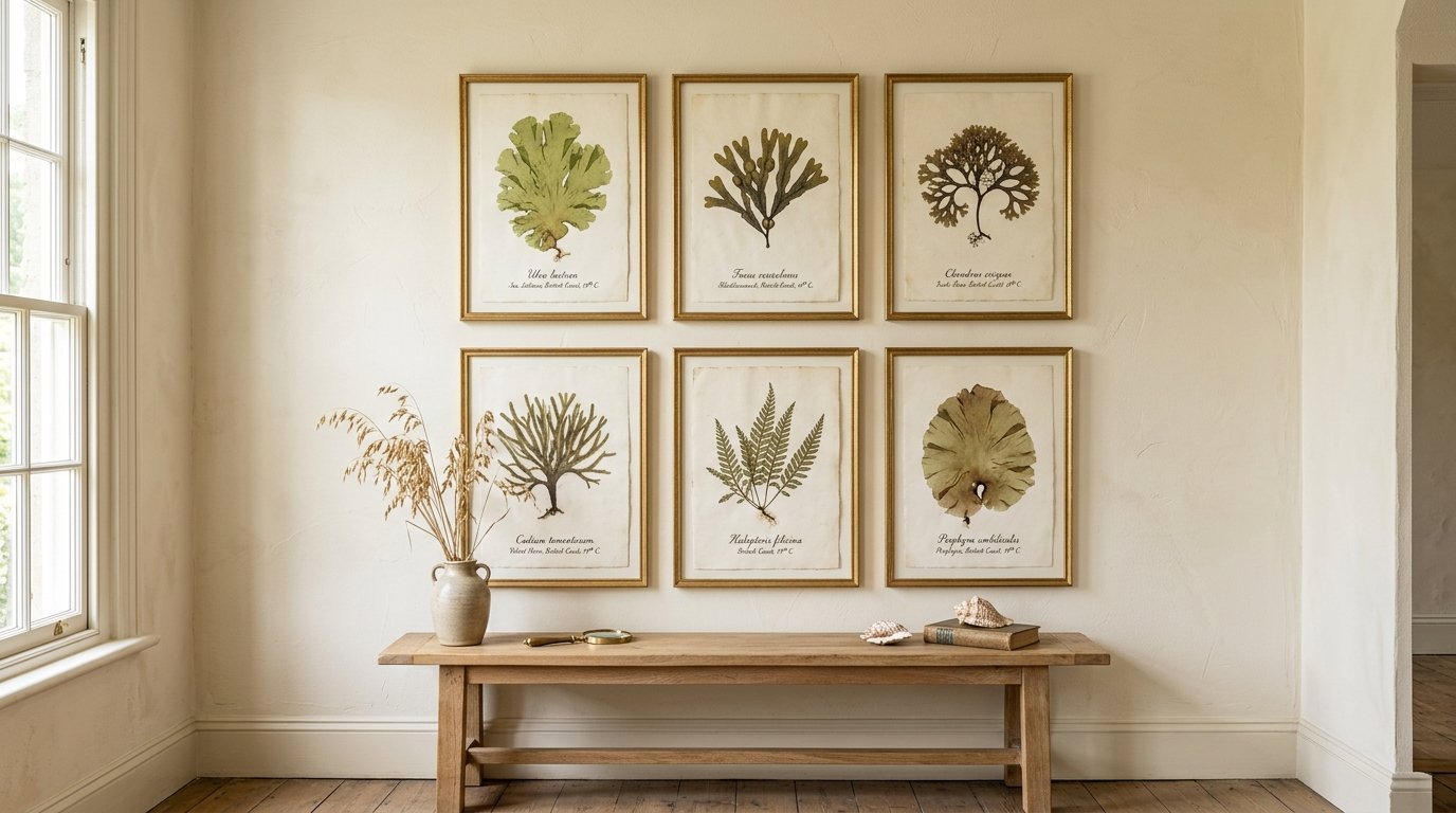 Vintage seaweed prints arranged in two rows of three above a wooden bench with dried grass and seashells.