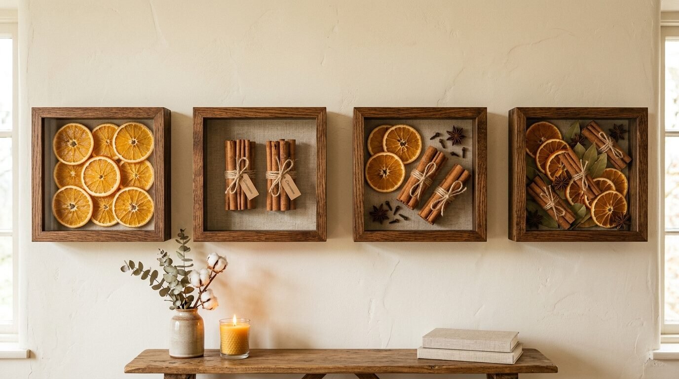 Wall art with dried citrus and spices inside four wooden frames above a console table with a lit candle.