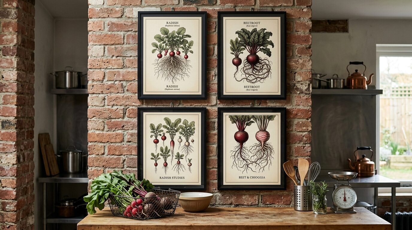 Four black-framed botanical illustrations of radishes and beetroots hanging on a textured red brick kitchen wall.