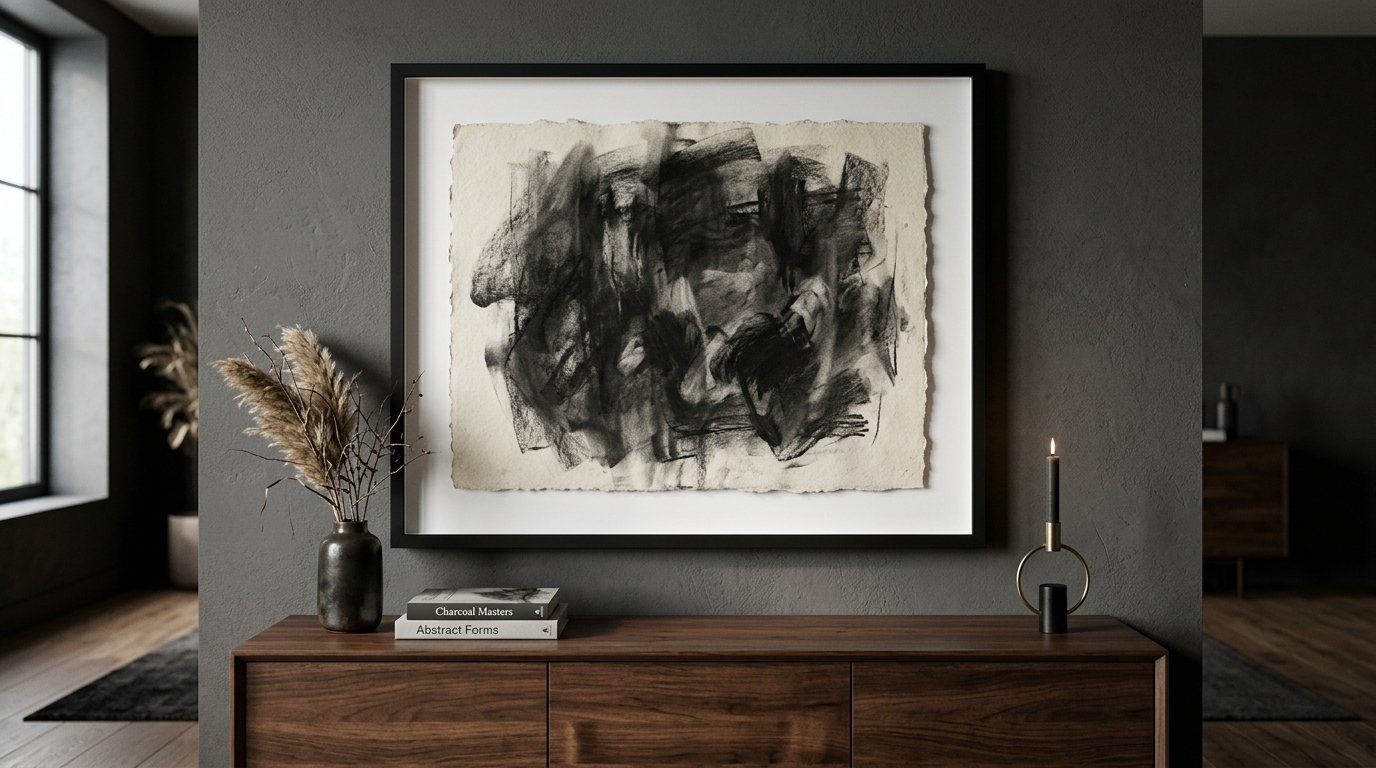 Framed abstract charcoal art hangs above a wooden sideboard with books, a vase, and a lit candle.