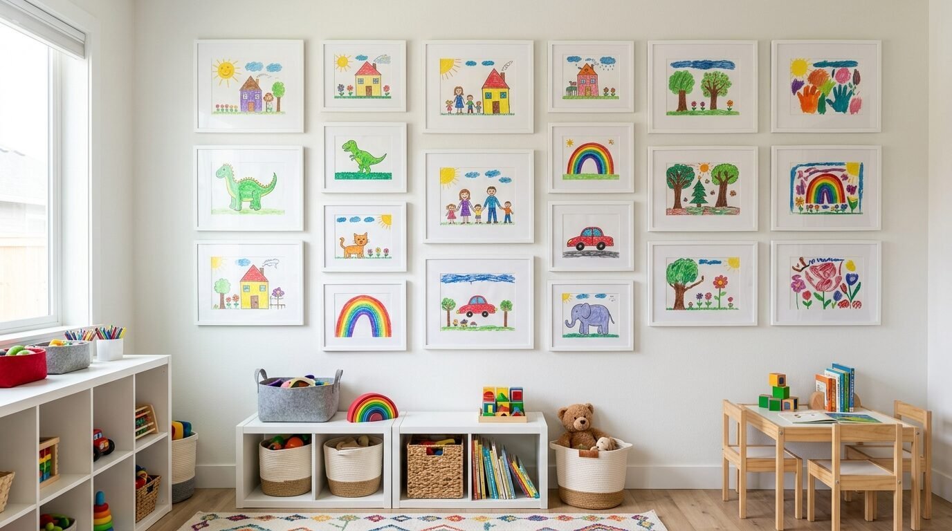 White wall displaying numerous framed colorful crayon drawings by children above toy storage bins and a small wooden table.