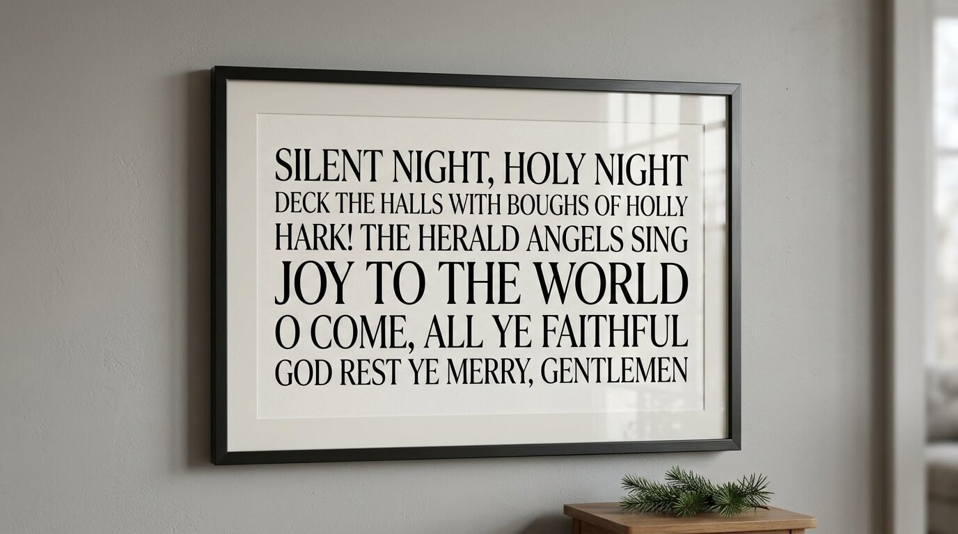 A framed black and white print displaying song titles like Silent Night and Joy to the World on a gray wall.