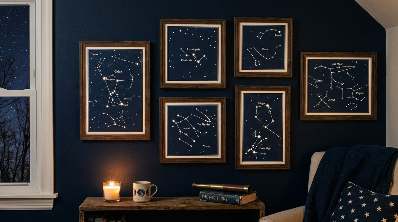 Gallery wall of six framed star constellation prints hanging above a table with a candle and telescope.