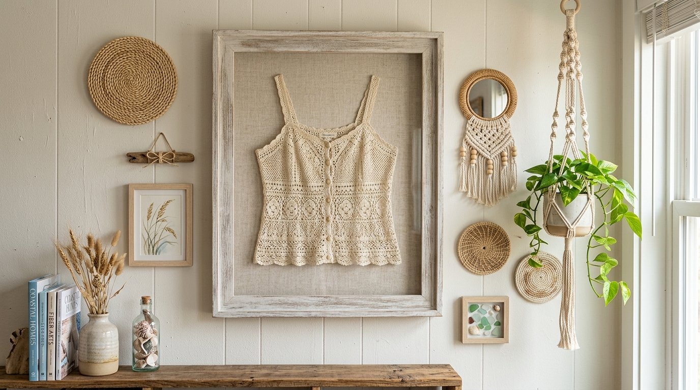 A beige crochet camisole displayed in a large wooden frame surrounded by macrame, woven wall baskets, and greenery.