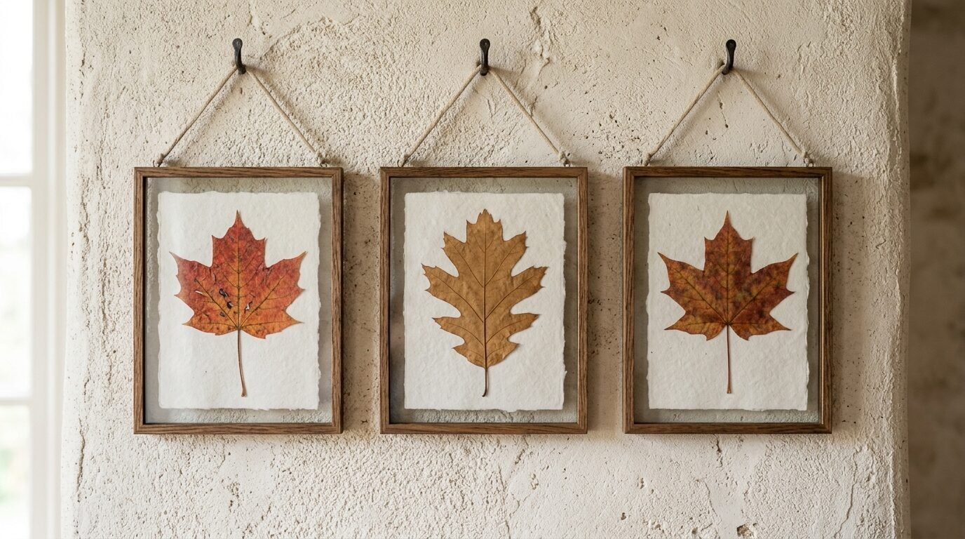 Three glass-front wooden frames hanging on a rough plaster wall, each displaying a single dried autumn leaf.