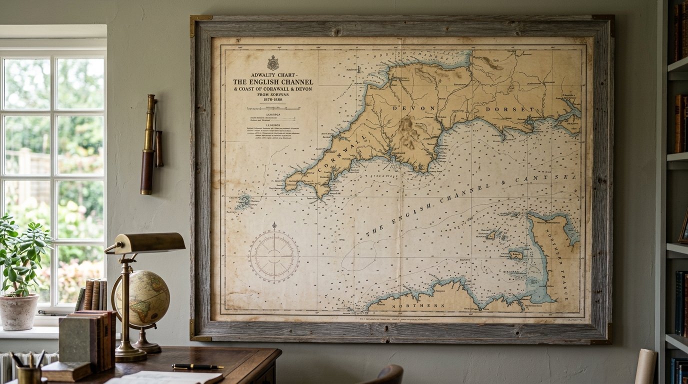Large framed antique maritime map of Devon and Cornwall displayed on a wall in a study with a globe and brass telescope.