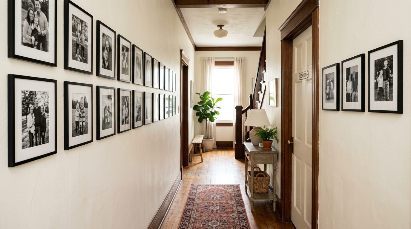 A long hallway with black and white framed family photos lining the walls leading toward a bright window.