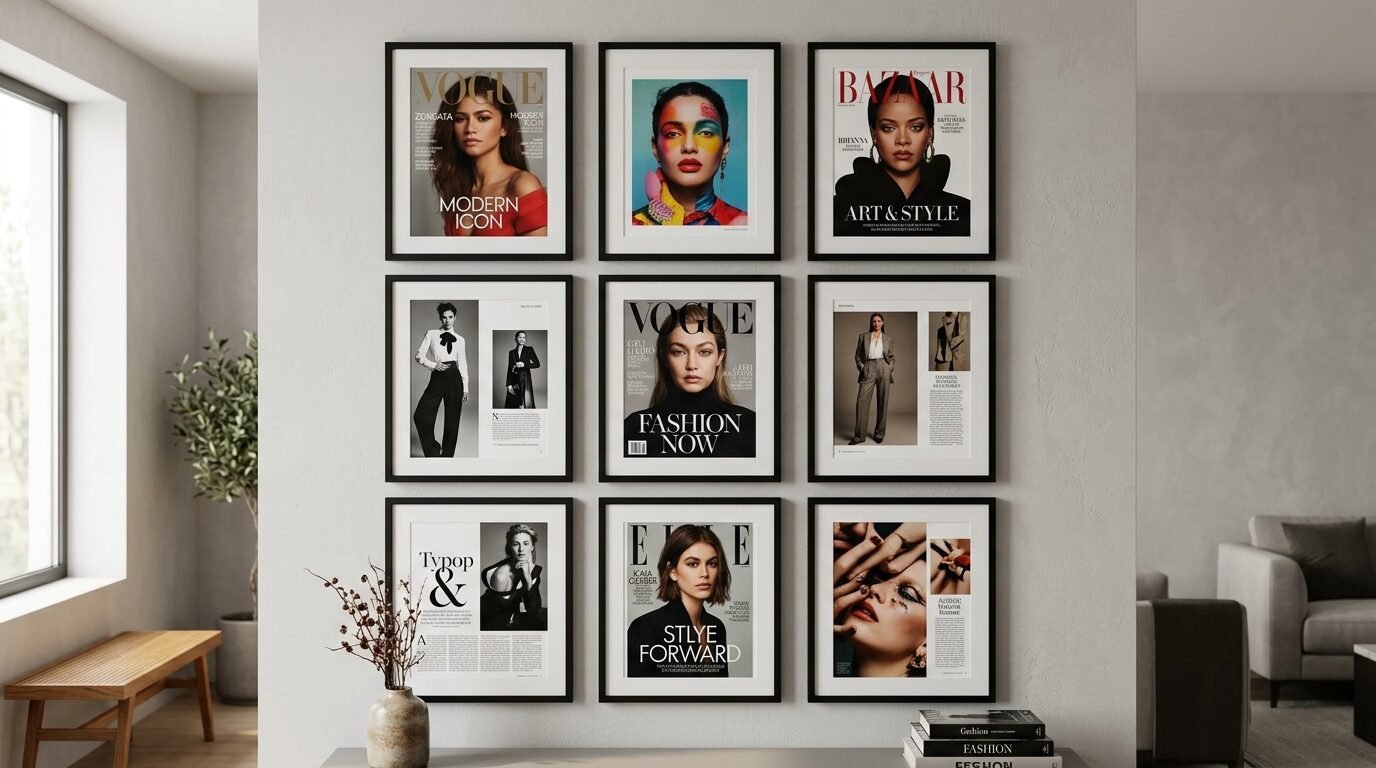A gallery wall displaying nine framed covers from Vogue, Bazaar, and Elle magazines in a living room.