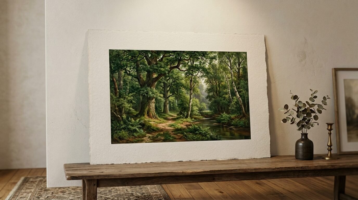 Large art print of a serene woodland landscape with a winding creek sitting on a wooden bench.