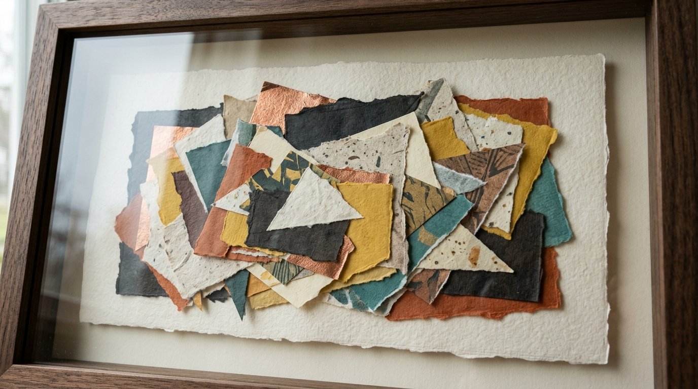 A framed artistic collage made of overlapping torn paper pieces in mustard, teal, copper, and neutral textures.