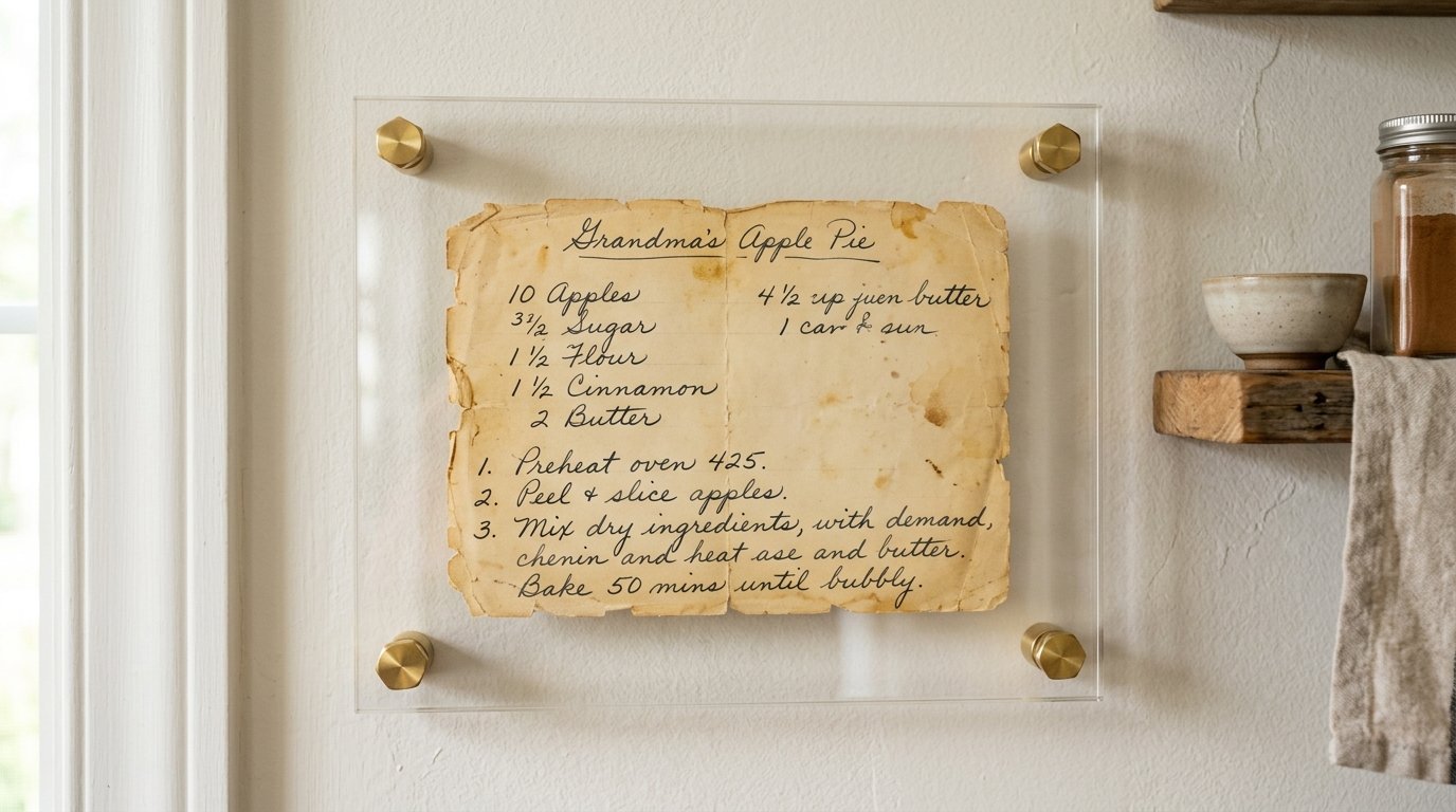 An aged, handwritten recipe card for Grandma's Apple Pie mounted between two clear acrylic sheets with gold hardware.
