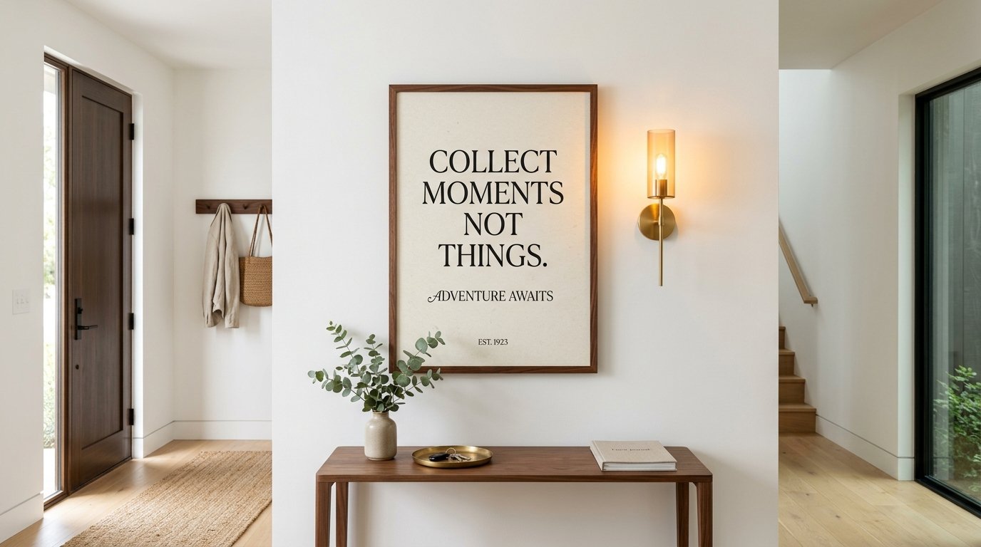 Wall art with text collect moments not things hanging in a bright modern home hallway above a wooden console table.