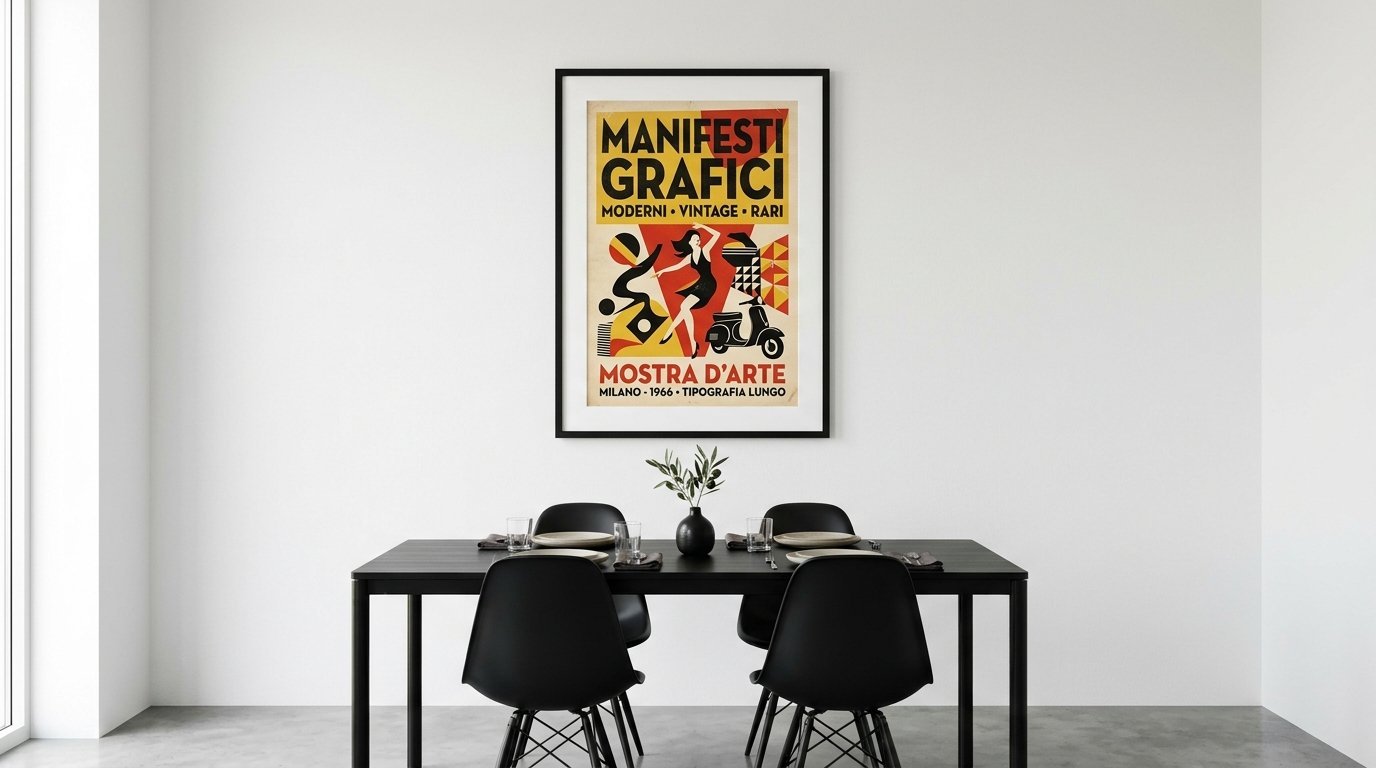 A black framed retro poster featuring a lady and scooter hangs above a sleek black dining table with four chairs.