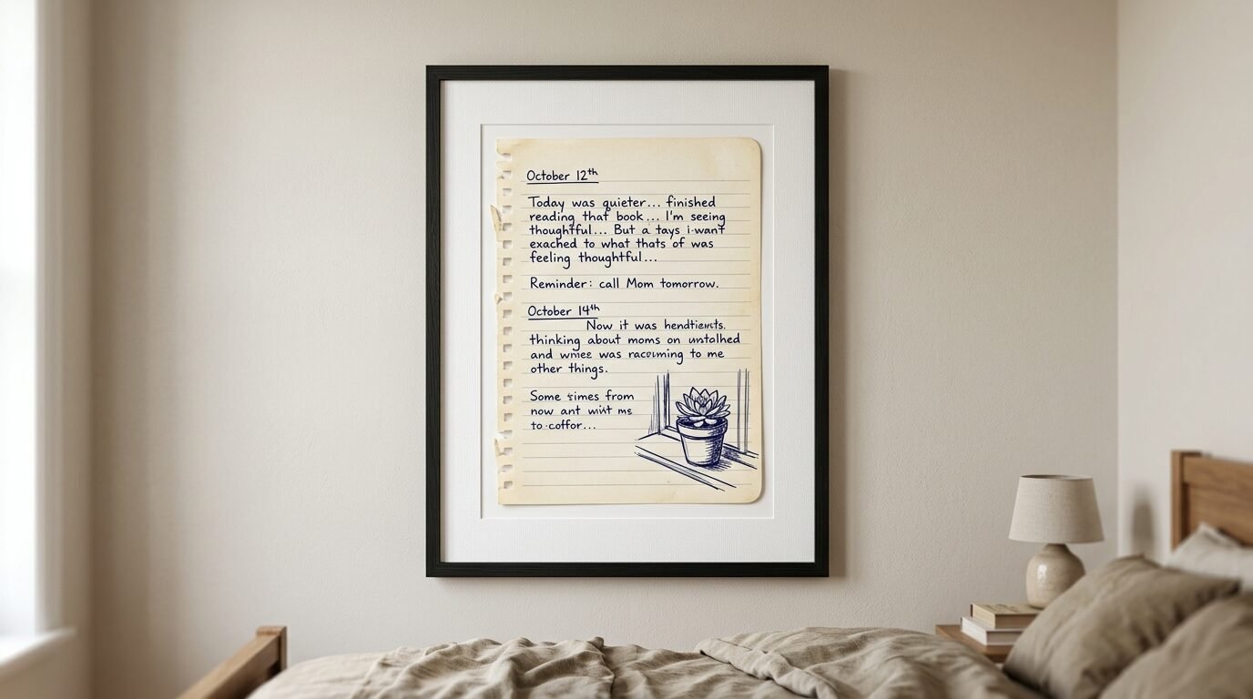 A framed art piece on a bedroom wall showing a notebook page with handwritten text and a small potted plant sketch.