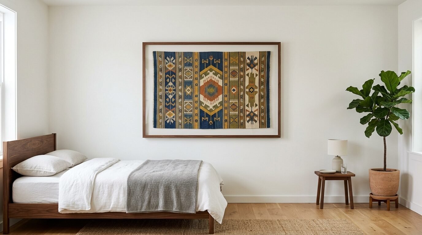 Modern bedroom with a white wall, wooden bed frame, and a large colorful woven textile art piece in a wooden frame.
