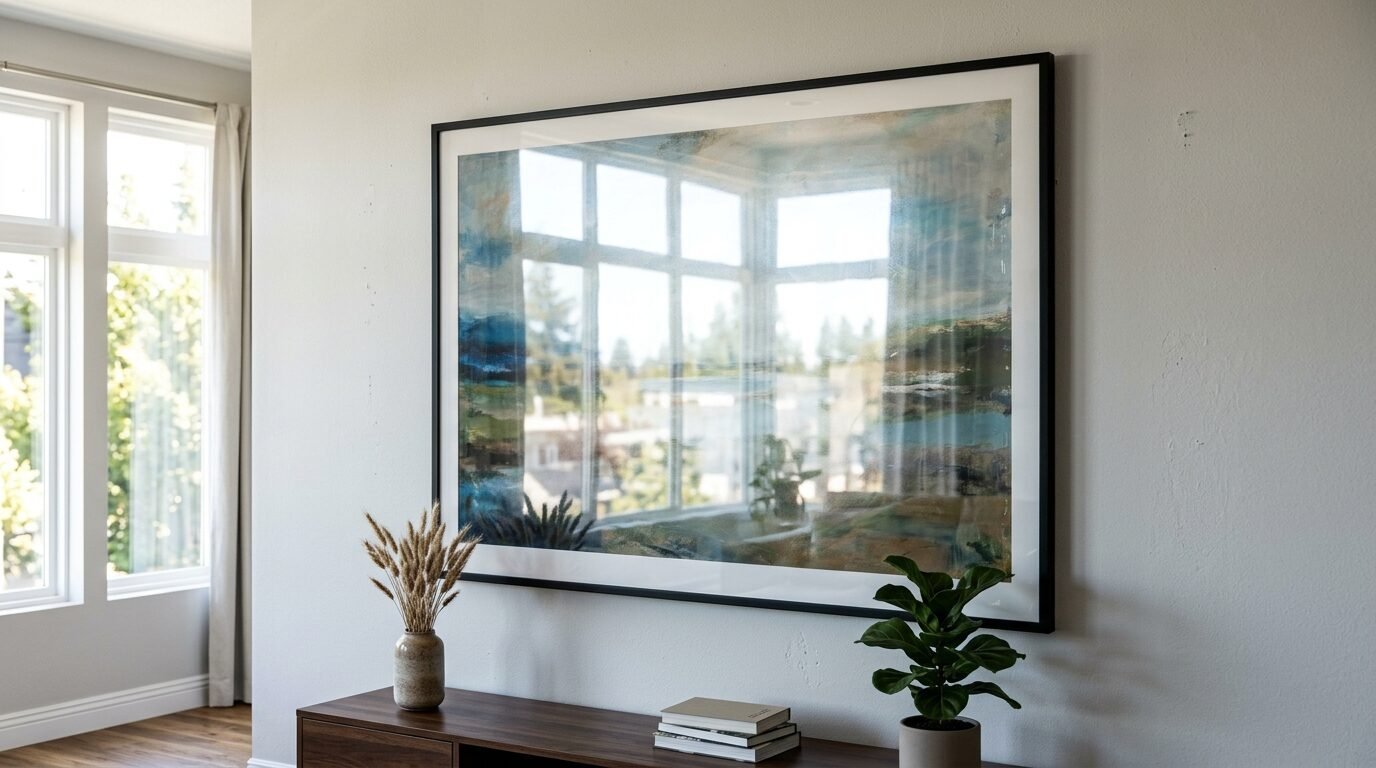 A framed abstract landscape print hanging above a wooden console table with a plant and dry grass.