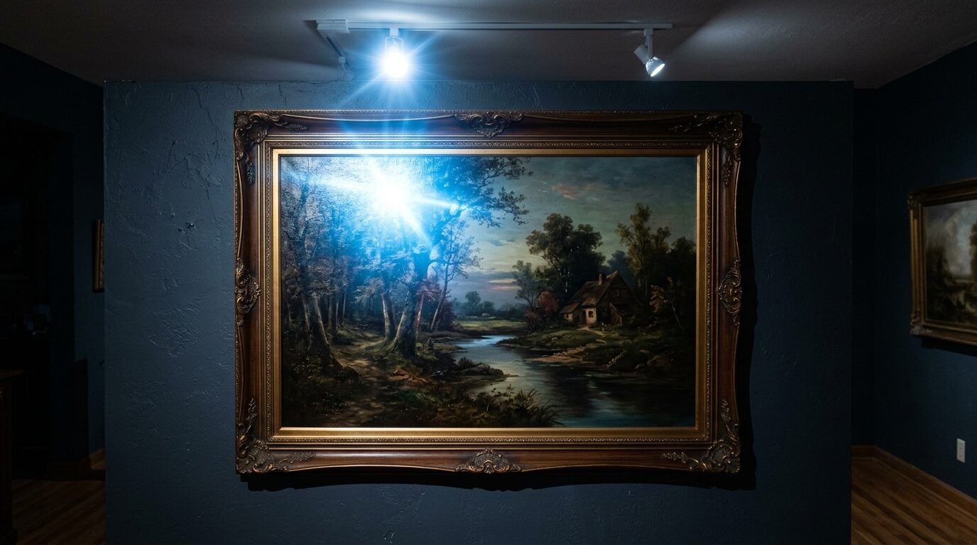 A classical landscape painting featuring a stream and small house hanging on a dark wall under bright spotlights.