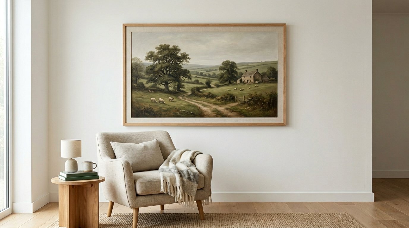 A framed vintage-style oil painting of a rural countryside scene with sheep hangs over a neutral upholstered chair.