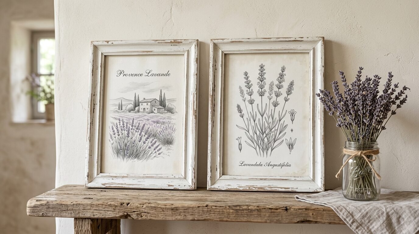 Vintage white distressed frames showing a French landscape sketch and a detailed Lavandula Angustifolia plant drawing.