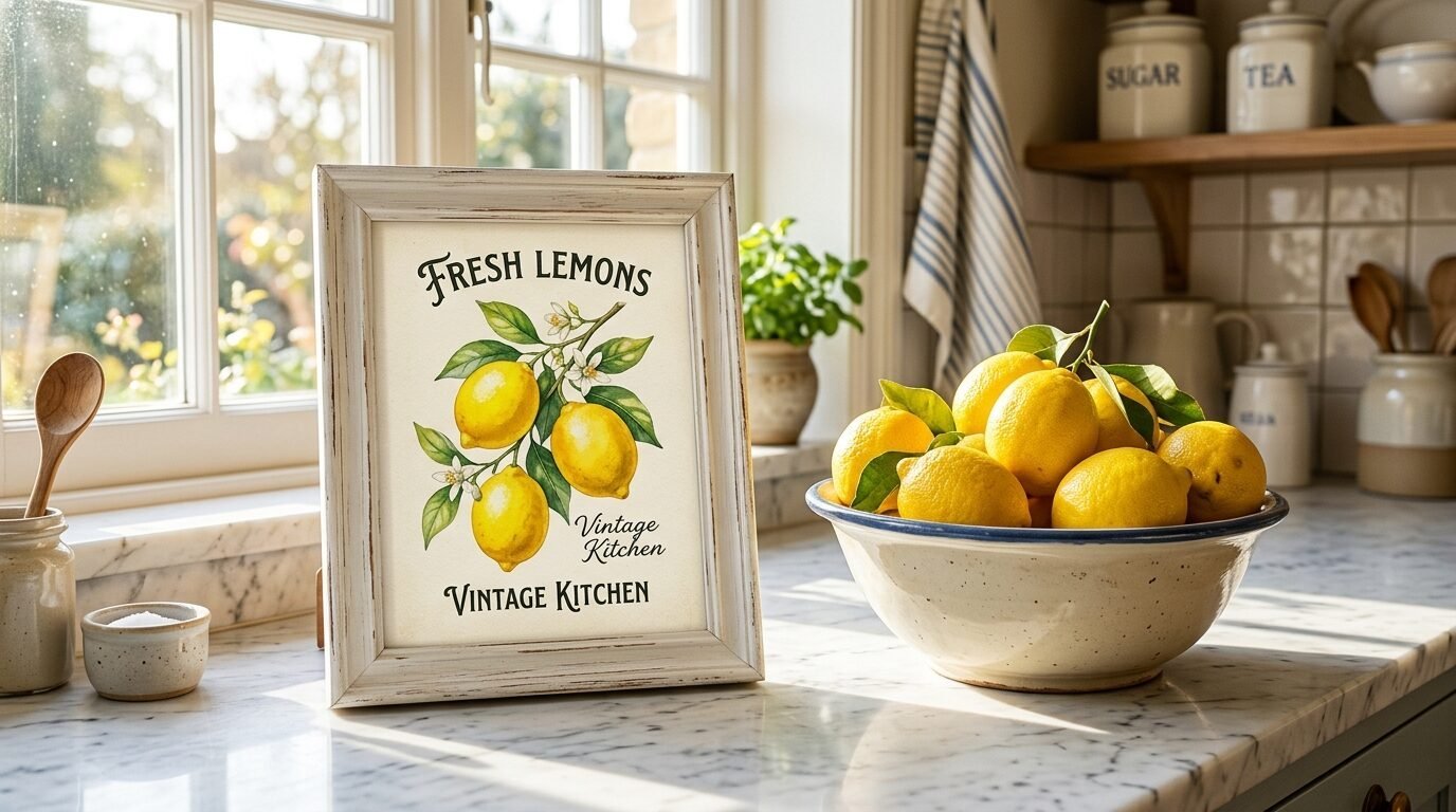 Decorative framed art of lemons resting on a marble countertop next to a bowl of real yellow citrus fruit.