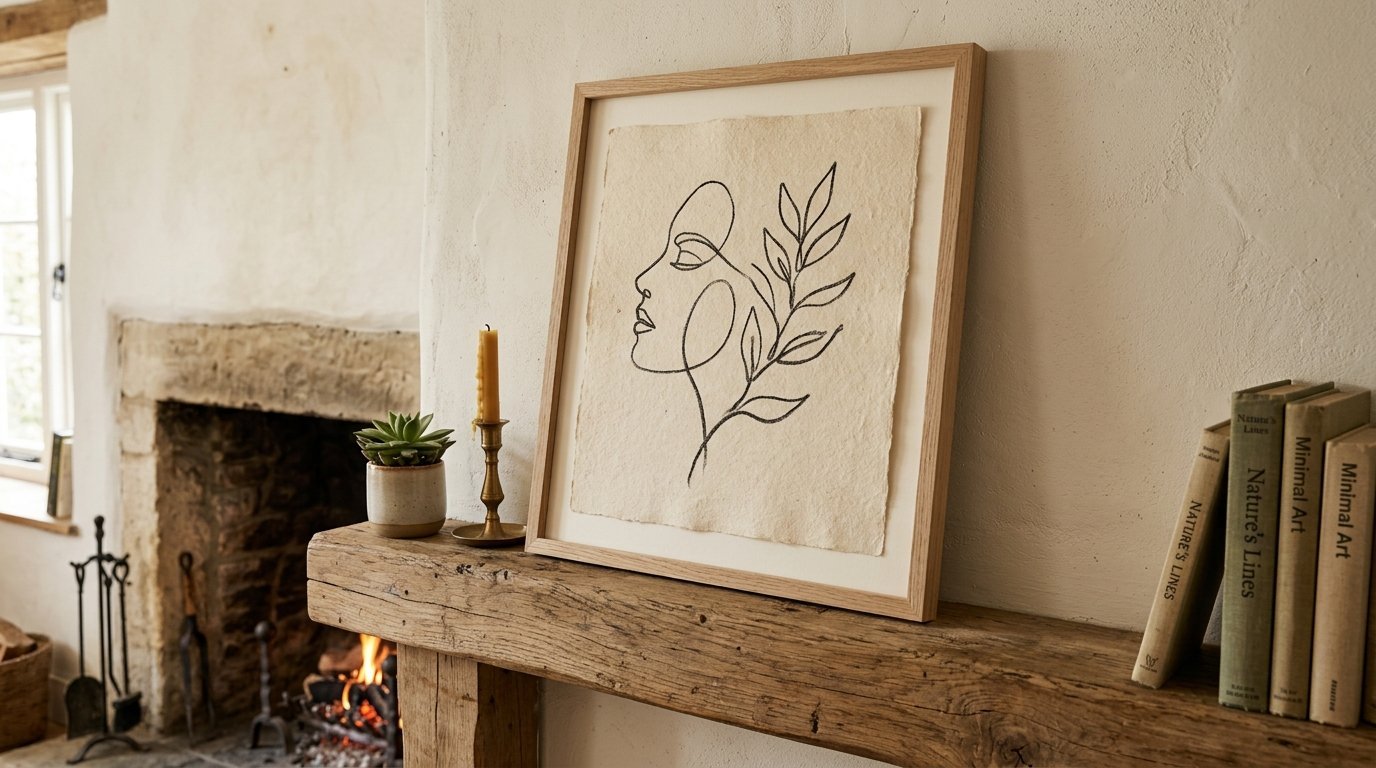 Framed charcoal drawing of a woman's profile and leaves on a rustic stone fireplace ledge.