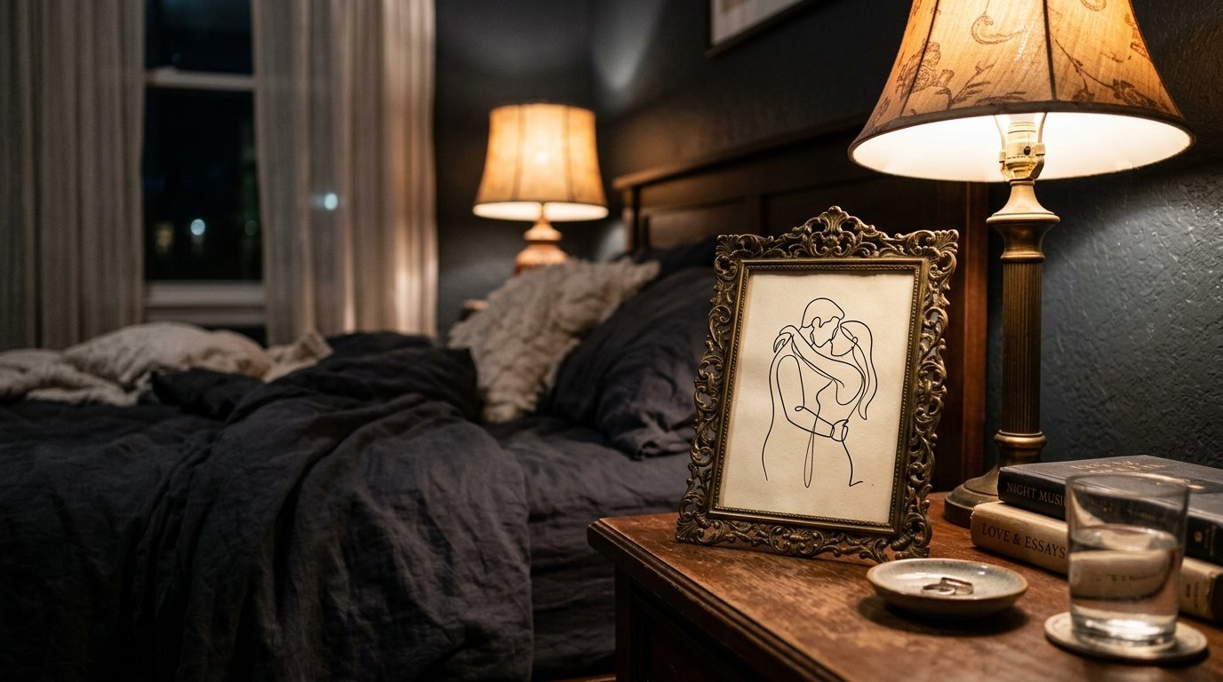 A line art drawing of a couple embracing sits on a wooden bedside table beside a lit lamp.