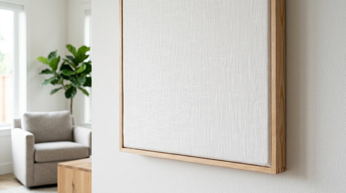 Close-up of a square piece of art featuring white textured fabric inside a light wooden frame.