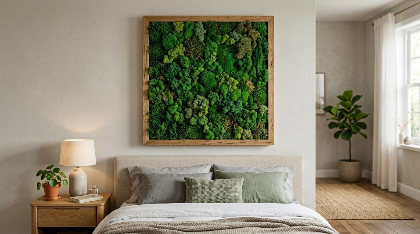 Decorative moss wall art hanging above a neutral modern bedroom bed.
